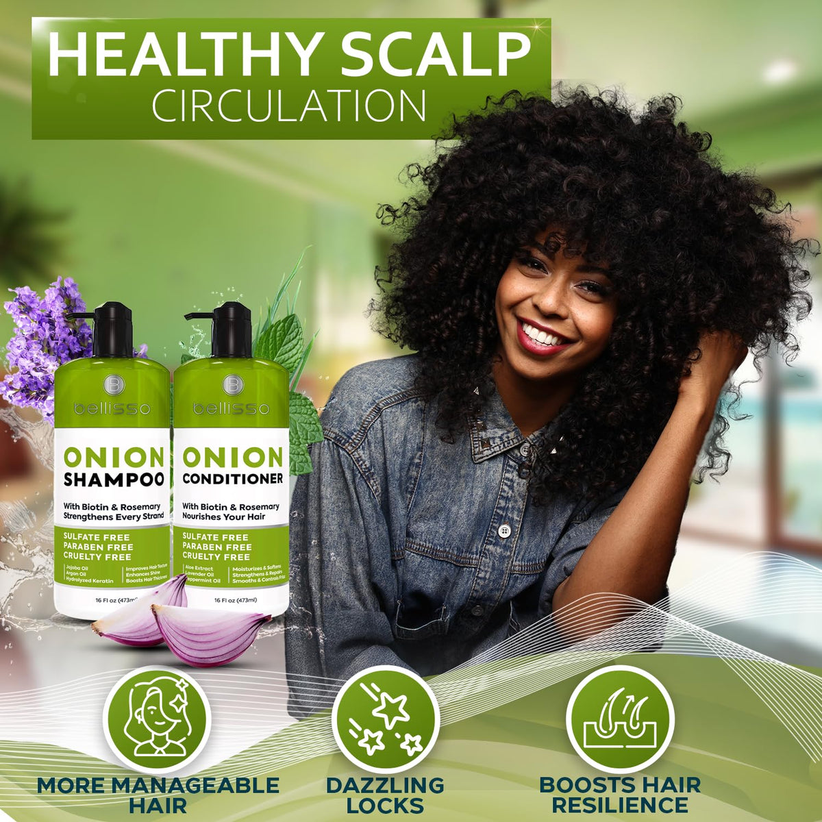 BELLISSO wet hair after wash illustrating added visible lift and improved body
