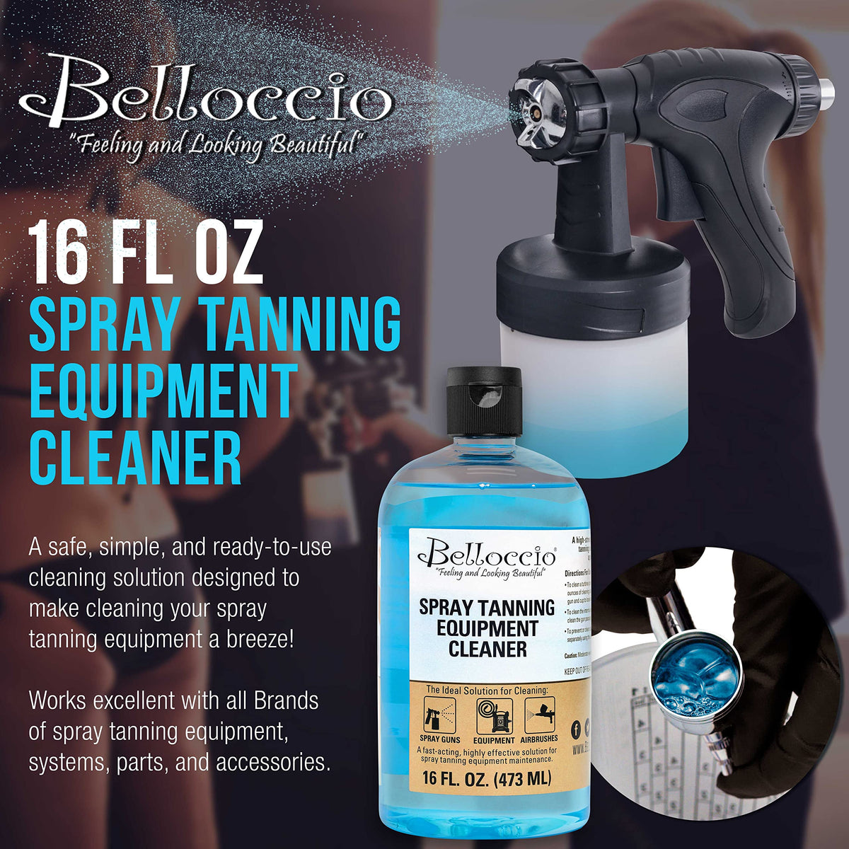 Belloccio close-up on spray gun nozzle with residue being dissolved for smoother flow