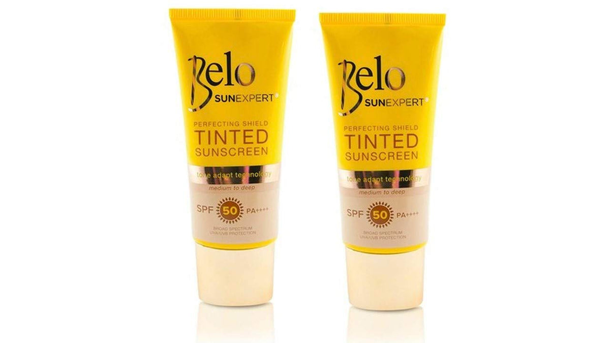 BELO front packaging showing tinted sunscreen tubes and protective benefit