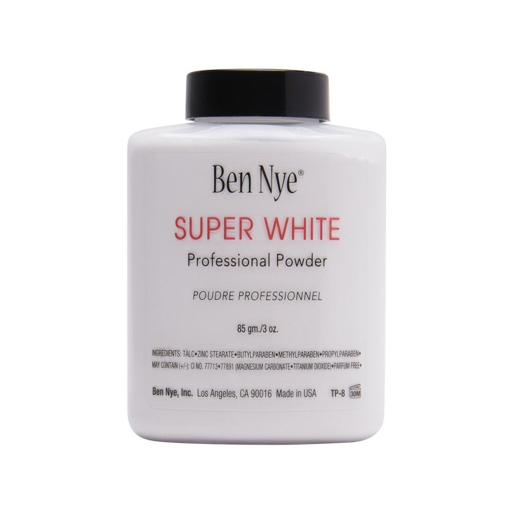 Ben Nye white powder jar front shows fine texture for matte finish