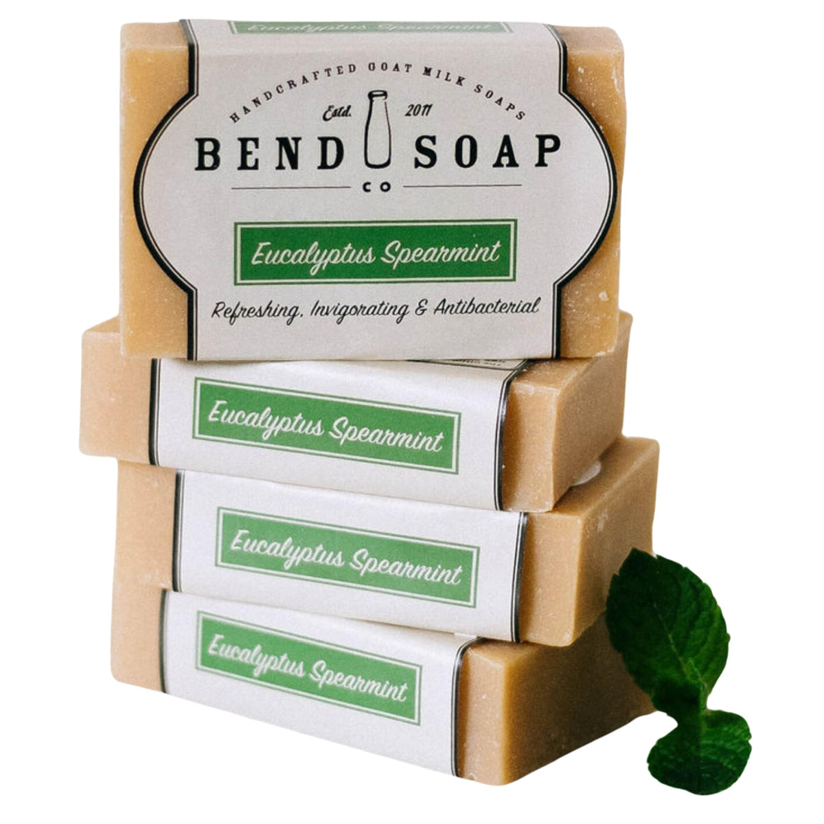 Bend Soap Company front packaging showing four eucalyptus spearmint bars and benefits