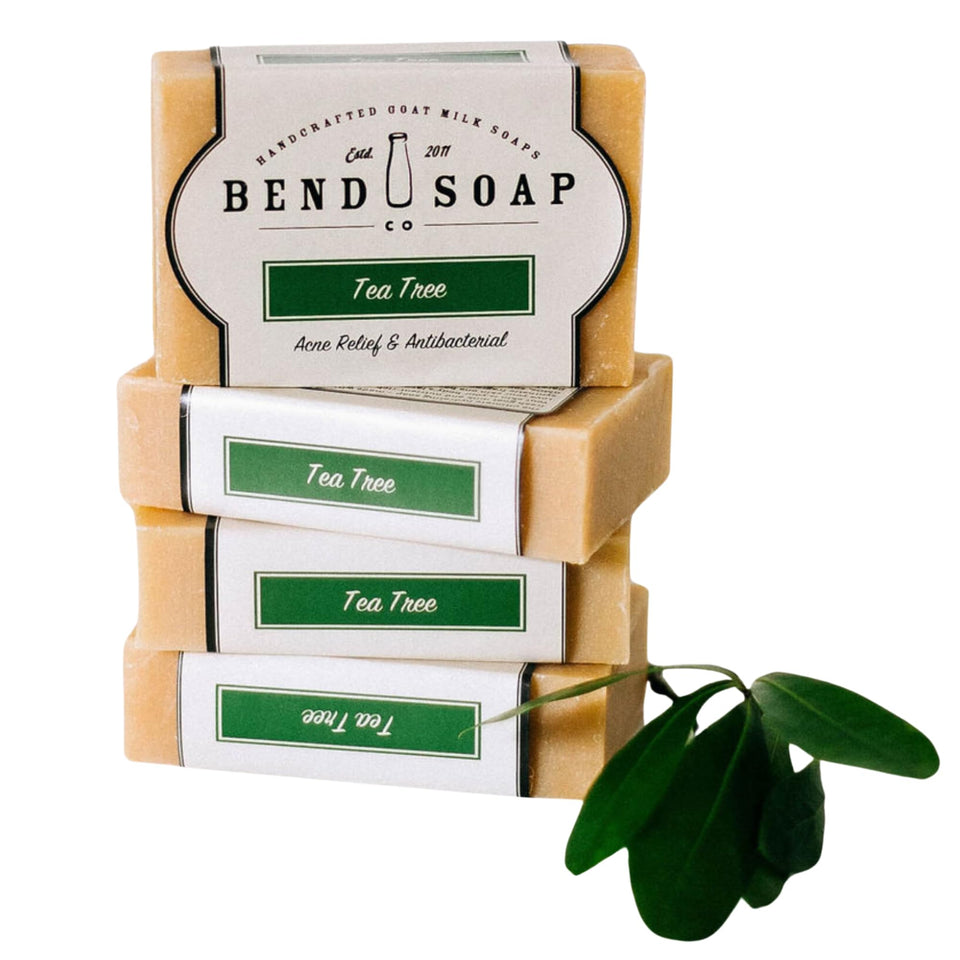 Bend Soap Company front packaging showing four tea tree goat milk bars and benefits