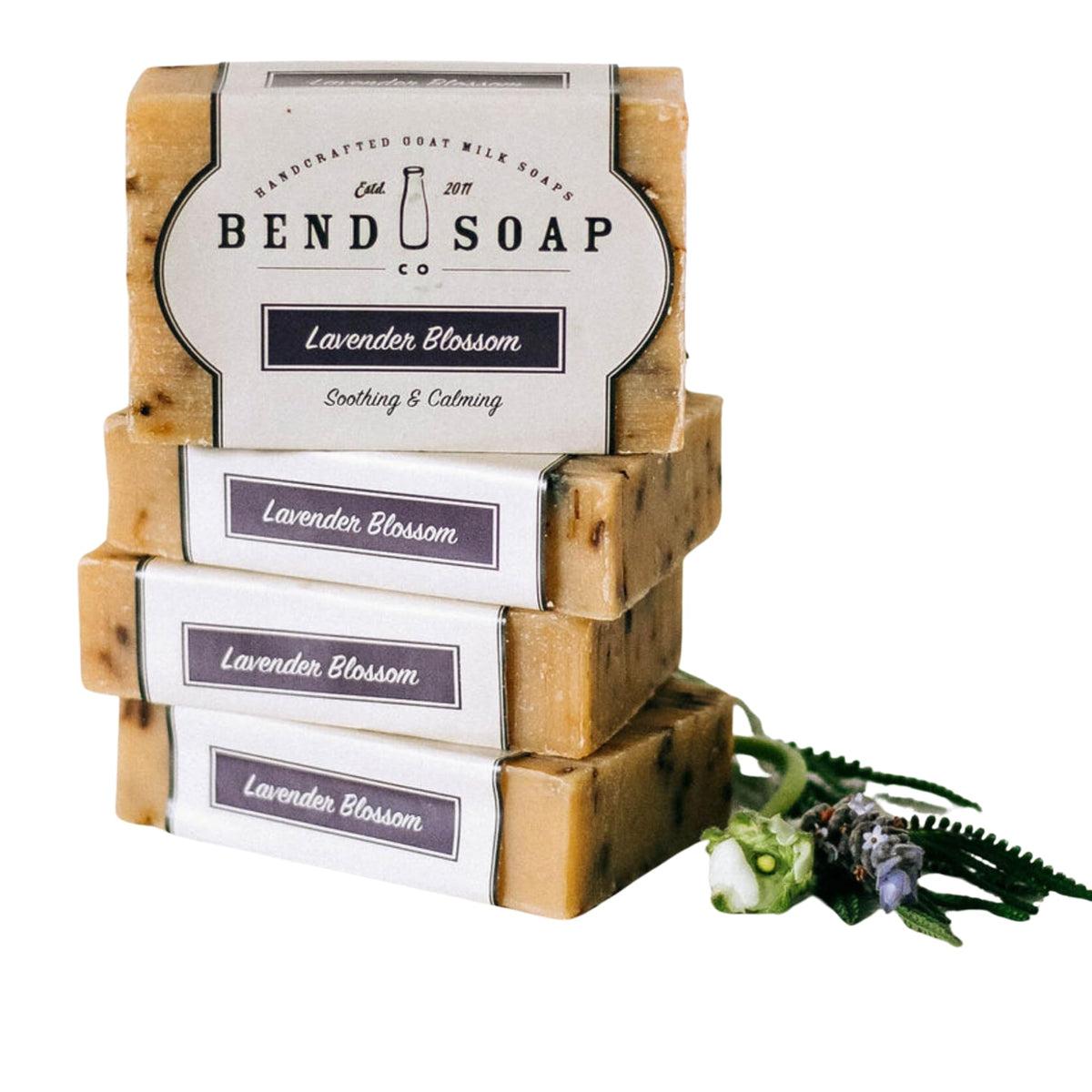Bend Soap Company front view of four lavender goat milk bars showing packaging and quantity, soothing scent