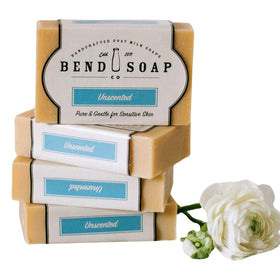 Bend Soap Company front packaging shows fragrance-free bars and benefits