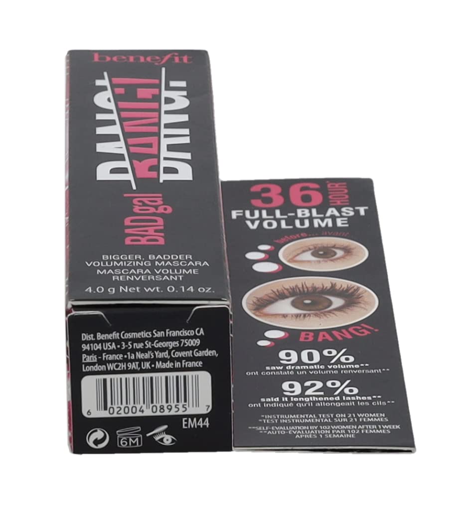 Benefit BADgal BANG mini inside a travel bag suggesting on-the-go touch-up convenience benefit