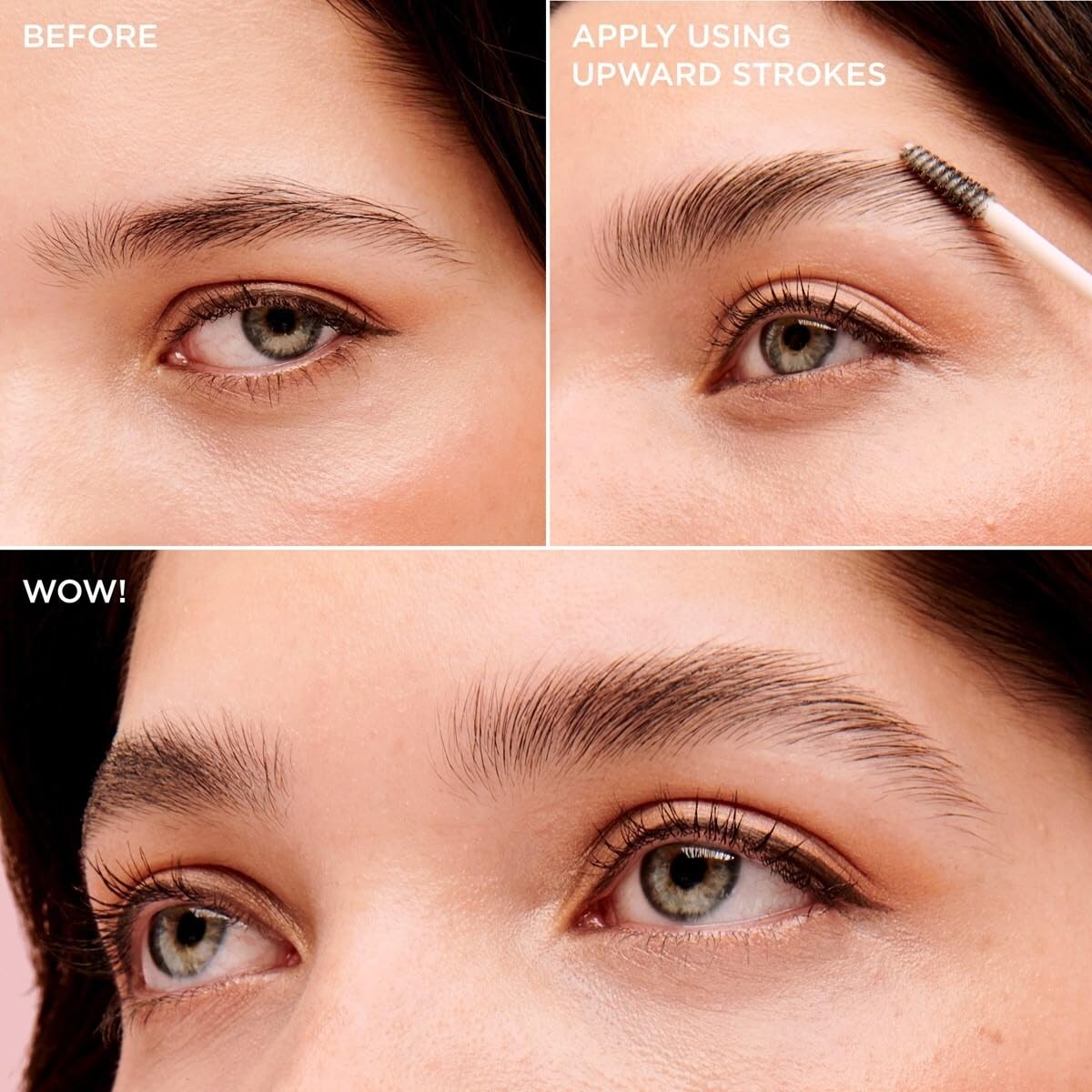 Benefit before and after comparison illustrating fuller, groomed brows without crunchiness