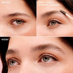 Benefit before and after comparison illustrating fuller, groomed brows without crunchiness
