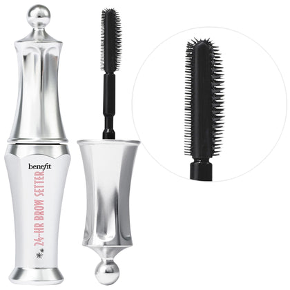 Benefit Brow Setter front packaging in recyclable mini hat box showing travel tube and labeling for portability