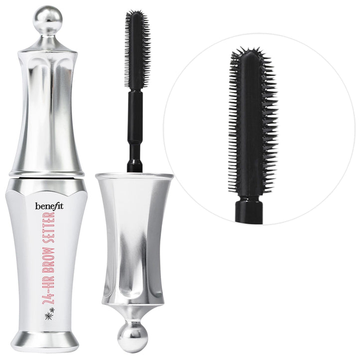 Benefit Brow Setter front packaging in recyclable mini hat box showing travel tube and labeling for portability