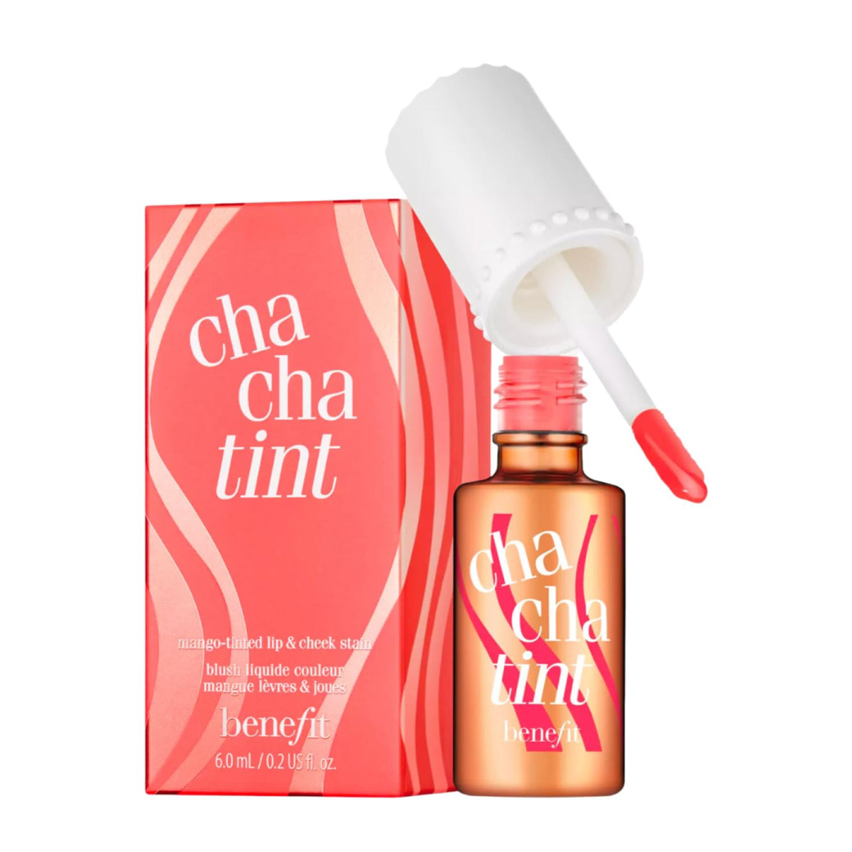 Benefit Cha Cha Tint front packaging showing bottle and label, clear product ID and convenience