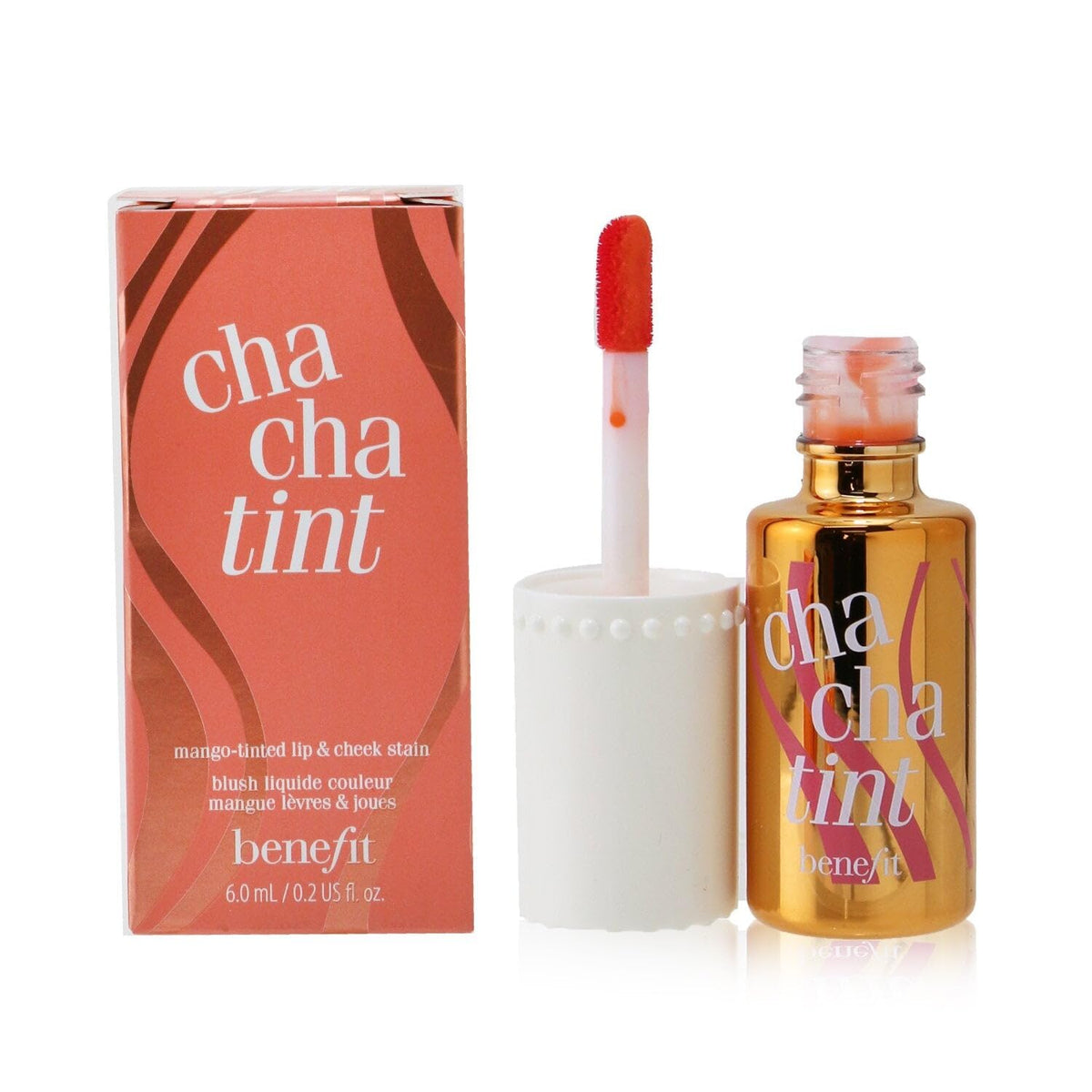 Benefit Cha Cha Tint size comparison next to coin showing compact travel-friendly bottle