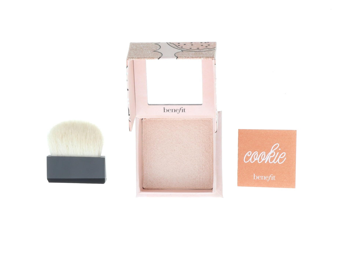Benefit Cookie compact opened to show included rounded brush and mirror for easy touch-ups