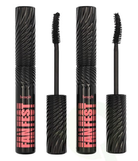 Benefit full and mini mascara tubes displayed, travel-friendly set
