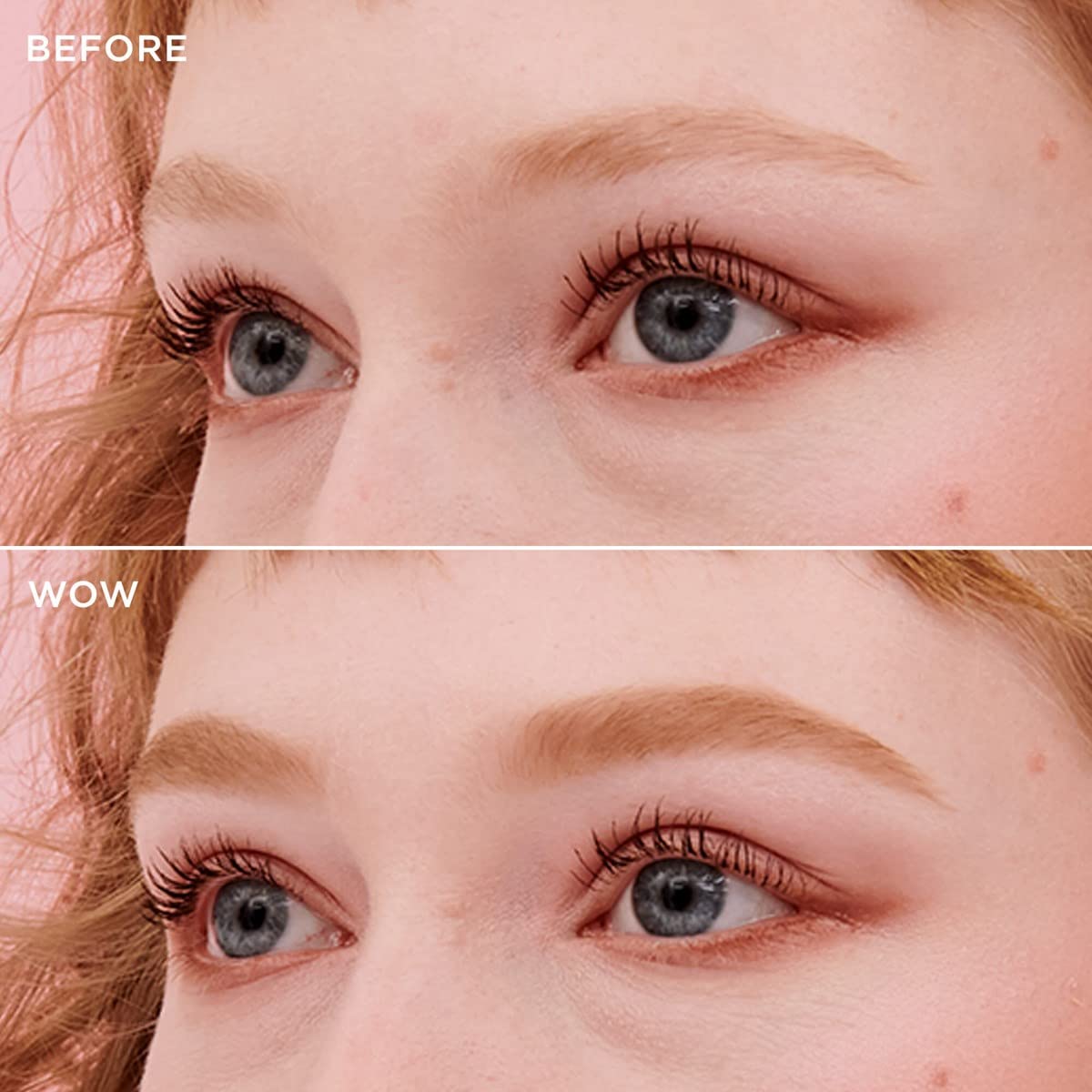 Benefit Gimme Brow applied on eyebrow in lifestyle shot, creates natural fuller brows