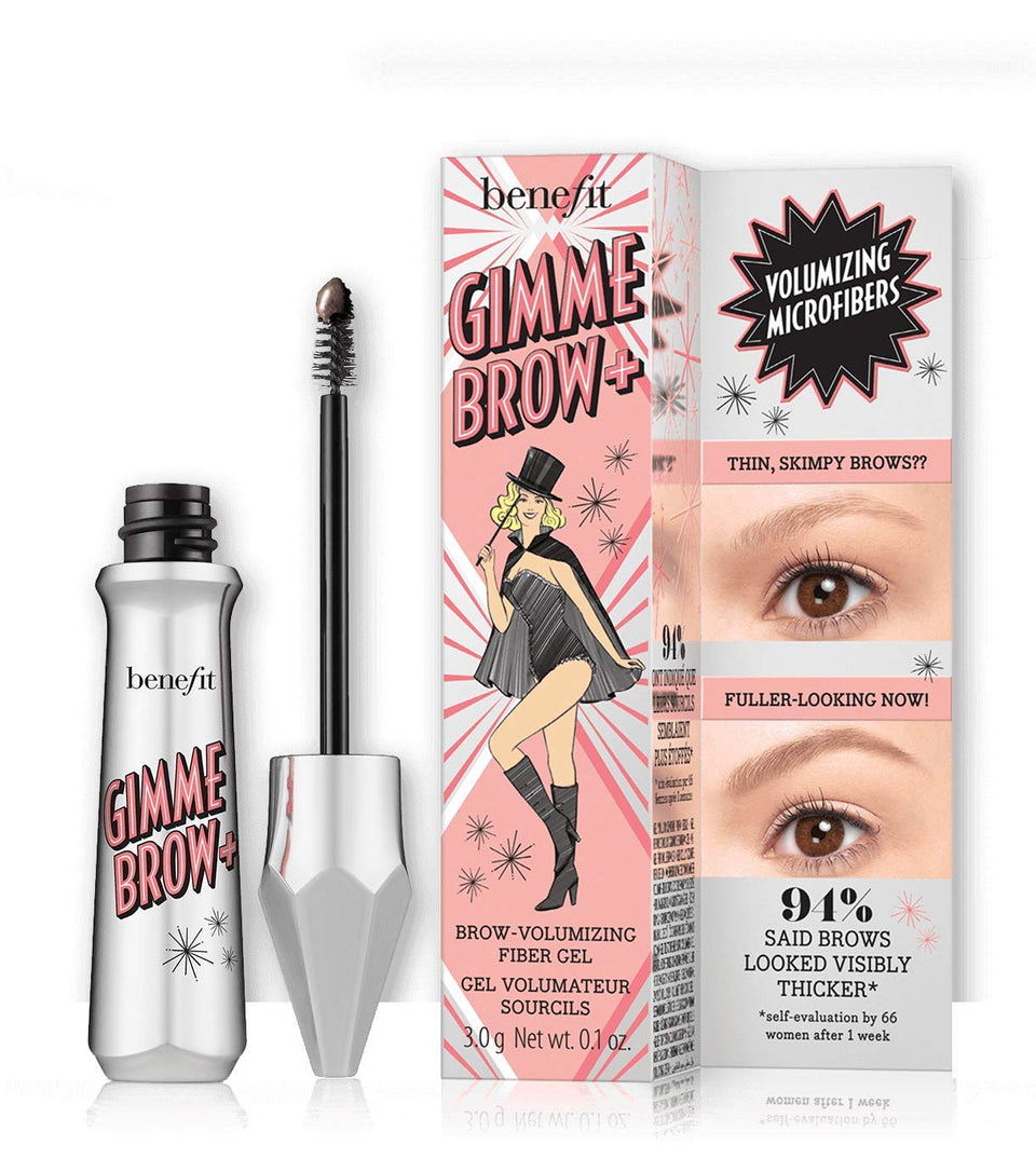 Benefit Gimme Brow+ front packaging showing tube and tinted gel for natural fuller brows