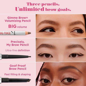 Benefit pencil beside coin illustrating compact travel-friendly size