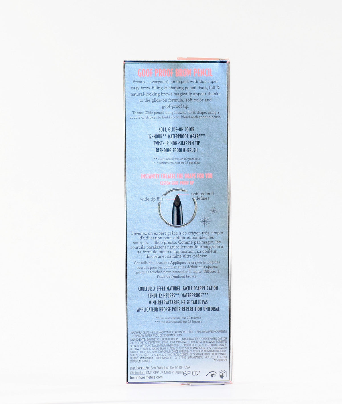 Benefit pencil held next to a ruler showing compact travel size