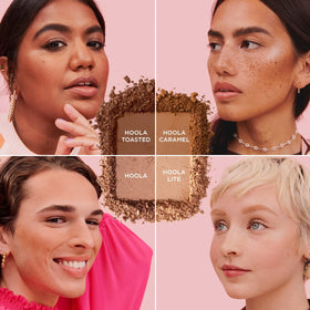 Benefit Hoola Caramel applied to cheek showing sculpted, warm definition ideal for medium-deep skin