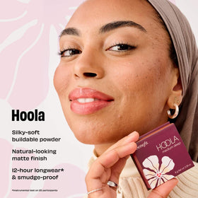Benefit Hoola compact next to coin for scale showing portable 0.28 oz size