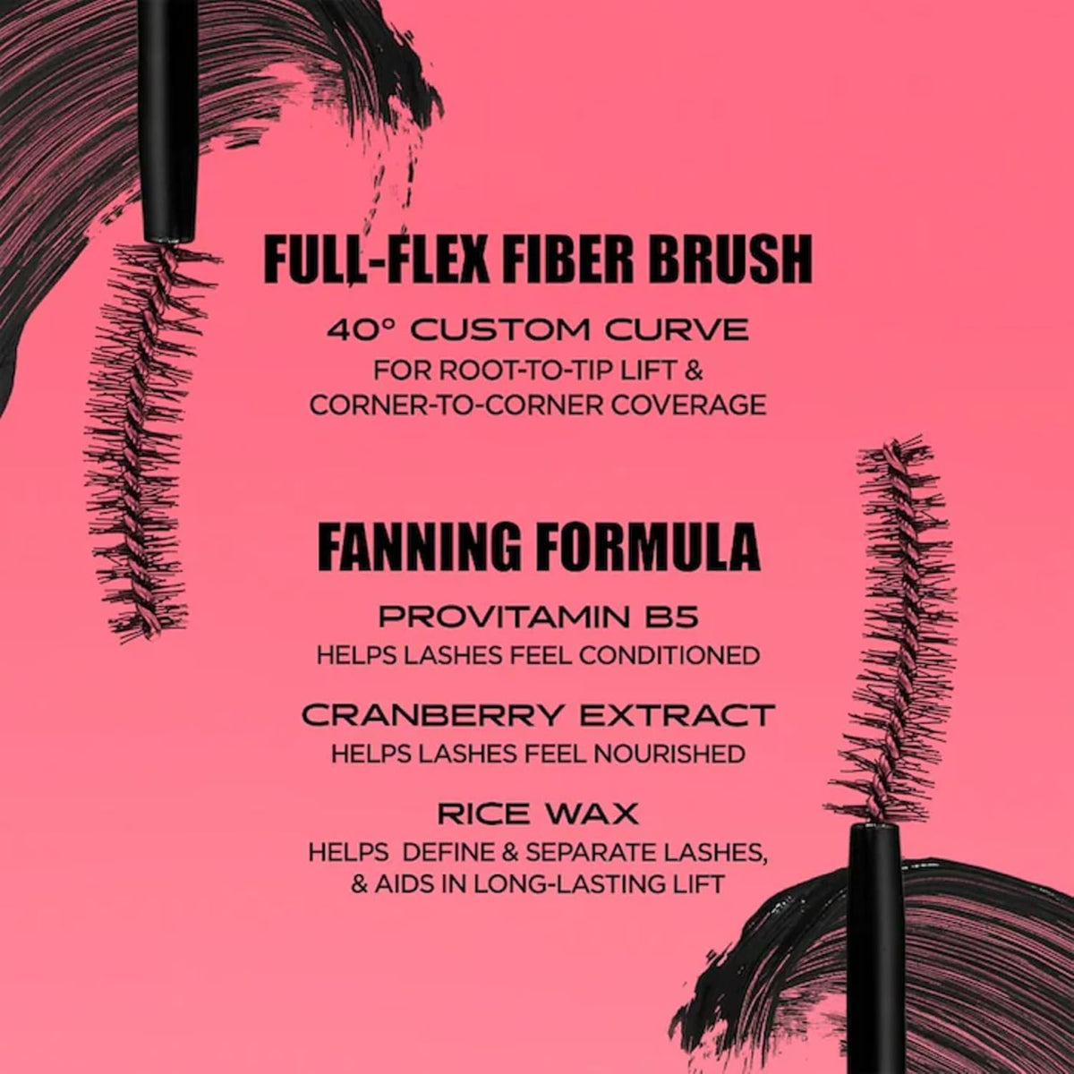 Benefit mascara applied on model fanned lashes demonstrating lift, separation, and amplified volume