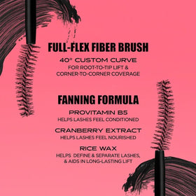 Benefit mascara applied on model fanned lashes demonstrating lift, separation, and amplified volume