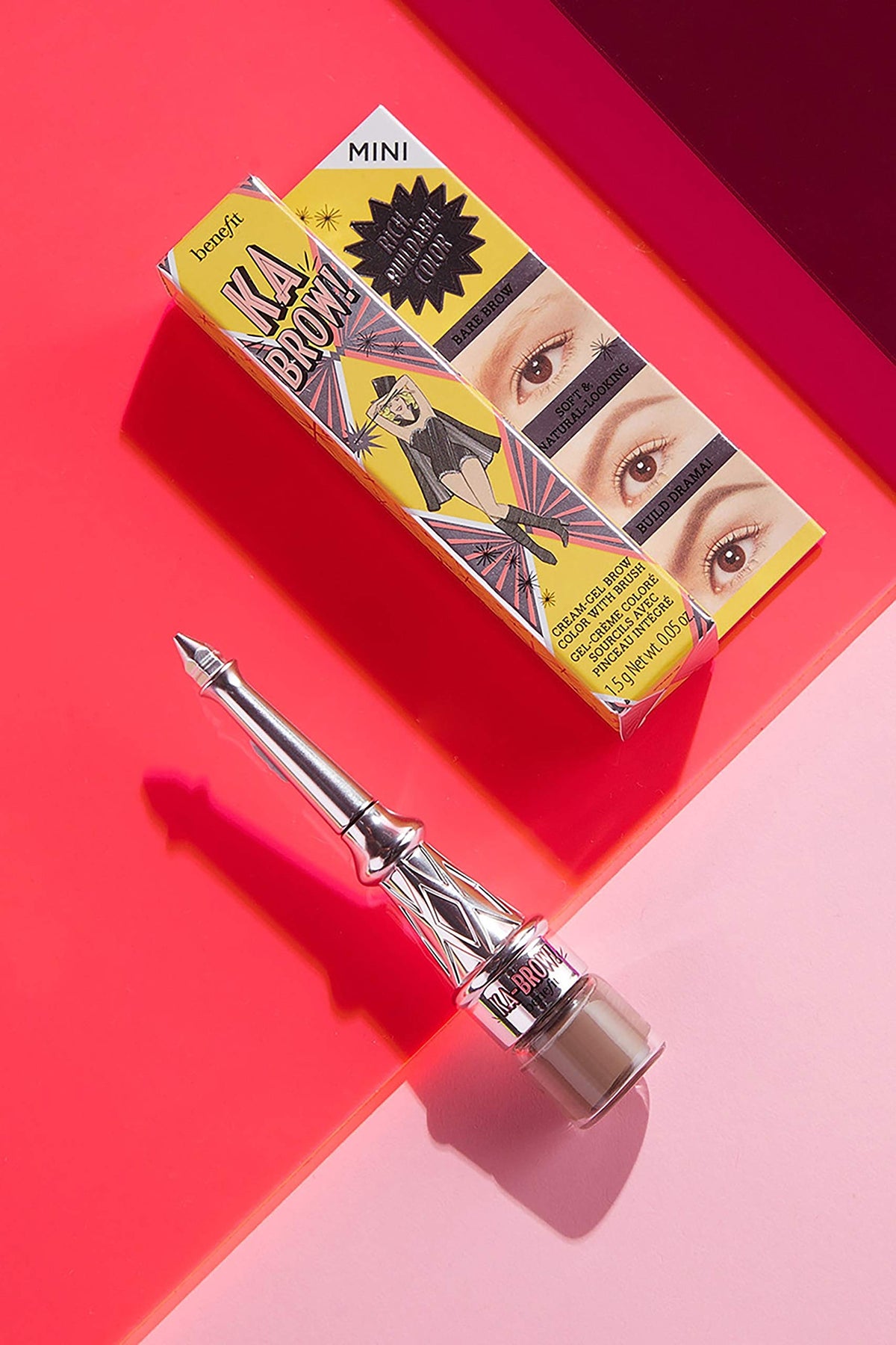 Benefit mini Ka-BROW! inside a makeup bag for convenient travel use