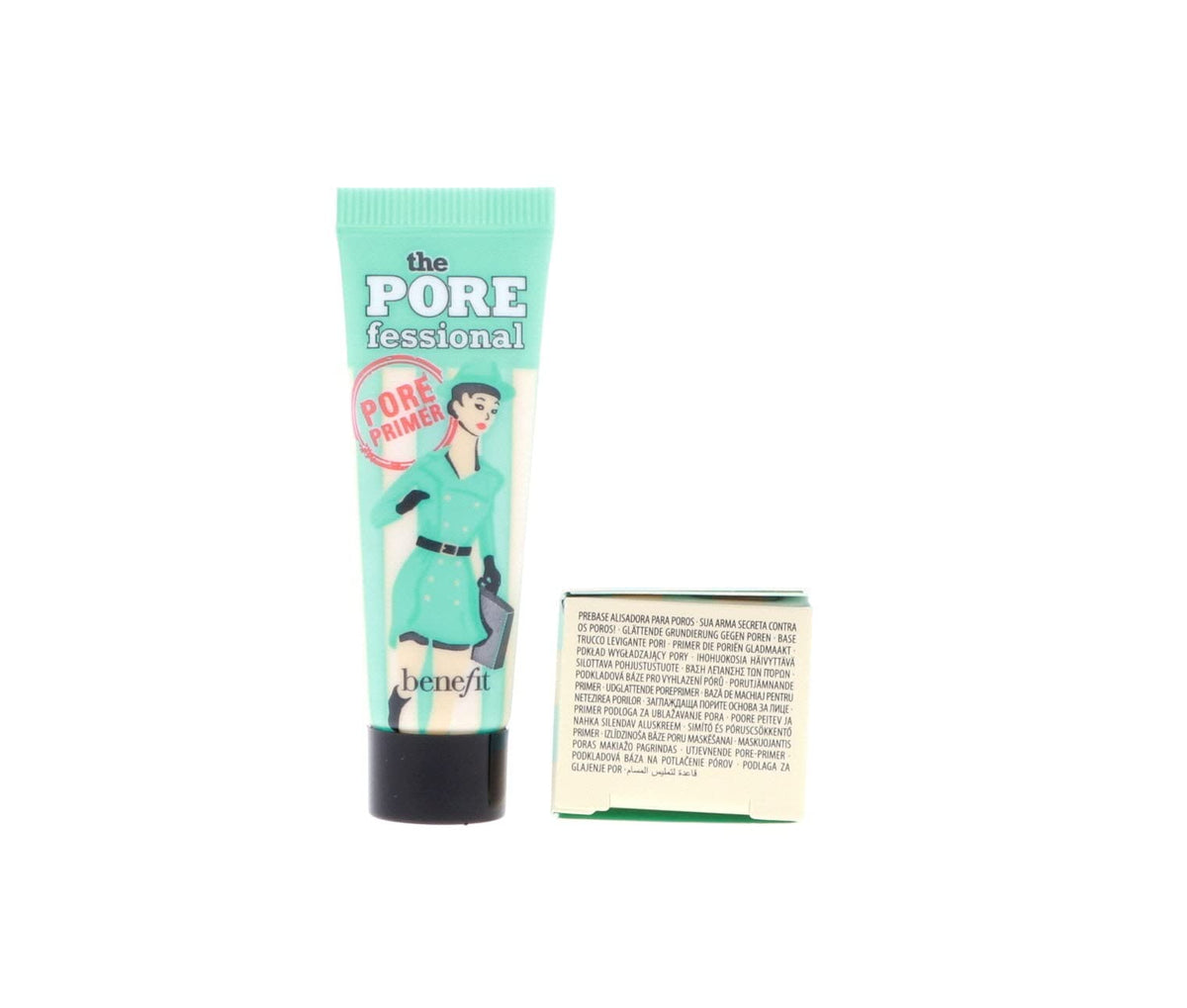 Benefit label close-up highlighting product name and oil-free benefit