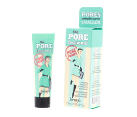 Benefit primer tucked into a travel makeup bag for on-the-go benefit