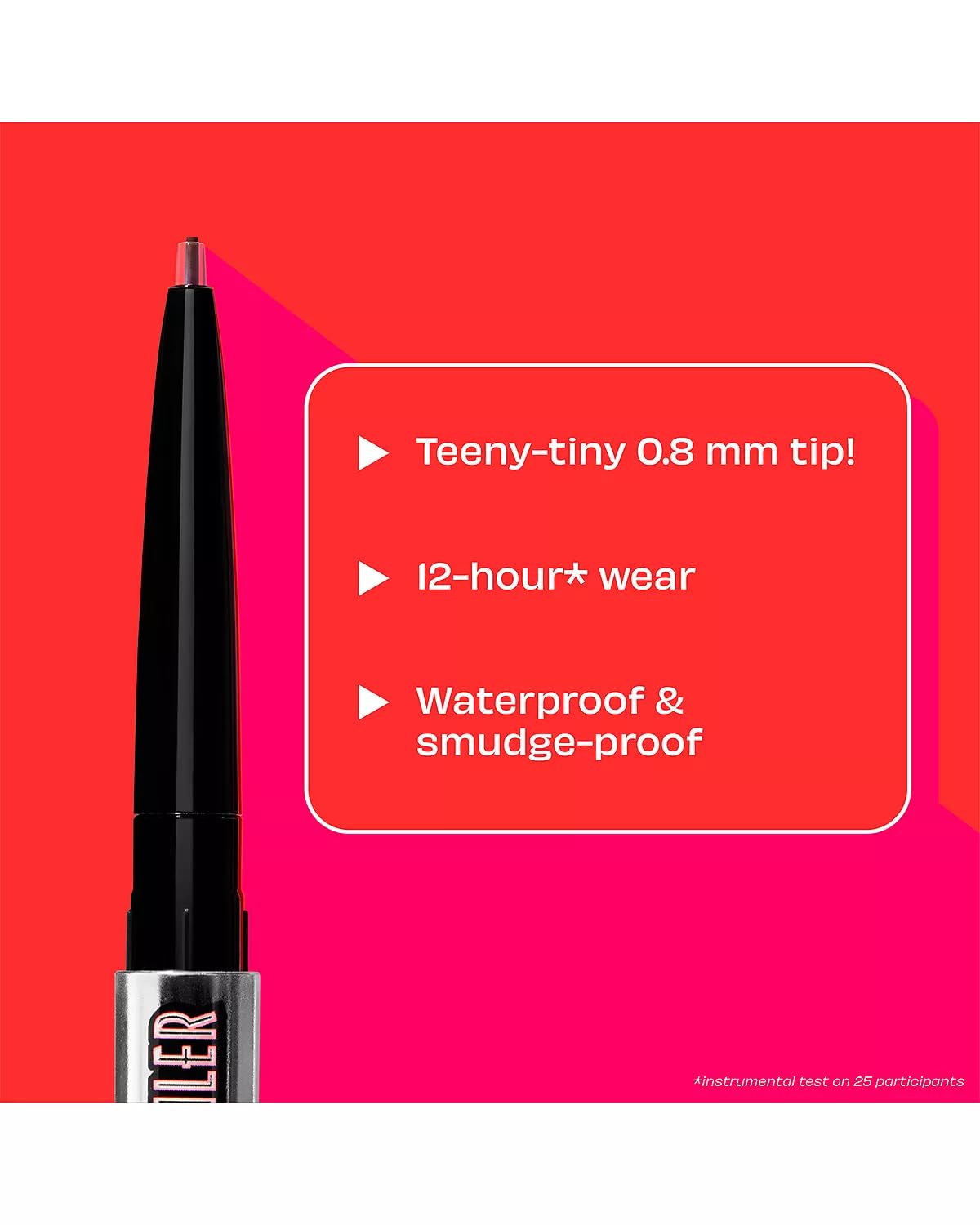 Benefit pencil in hand for size comparison and travel-ready convenience