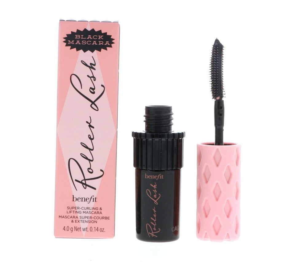 Benefit Roller Lash mini front view showing compact black tube and logo benefit for portability