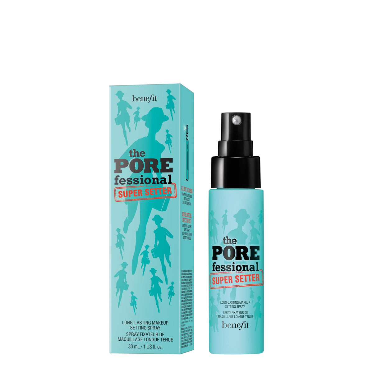 Benefit Super Setter mist in use over finished makeup, evens finish and reduces shine