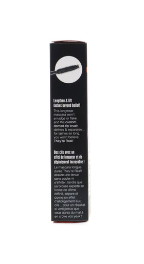 Benefit They're Real applied on lashes before and after, showing visible length and lift