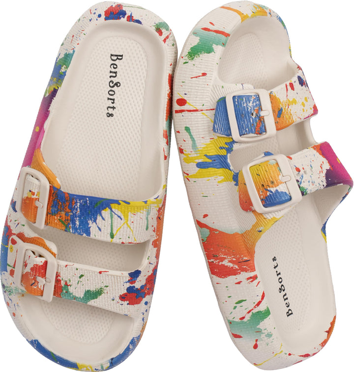BenSorts front view of beige slides showing cushioned strap and toe opening for comfort