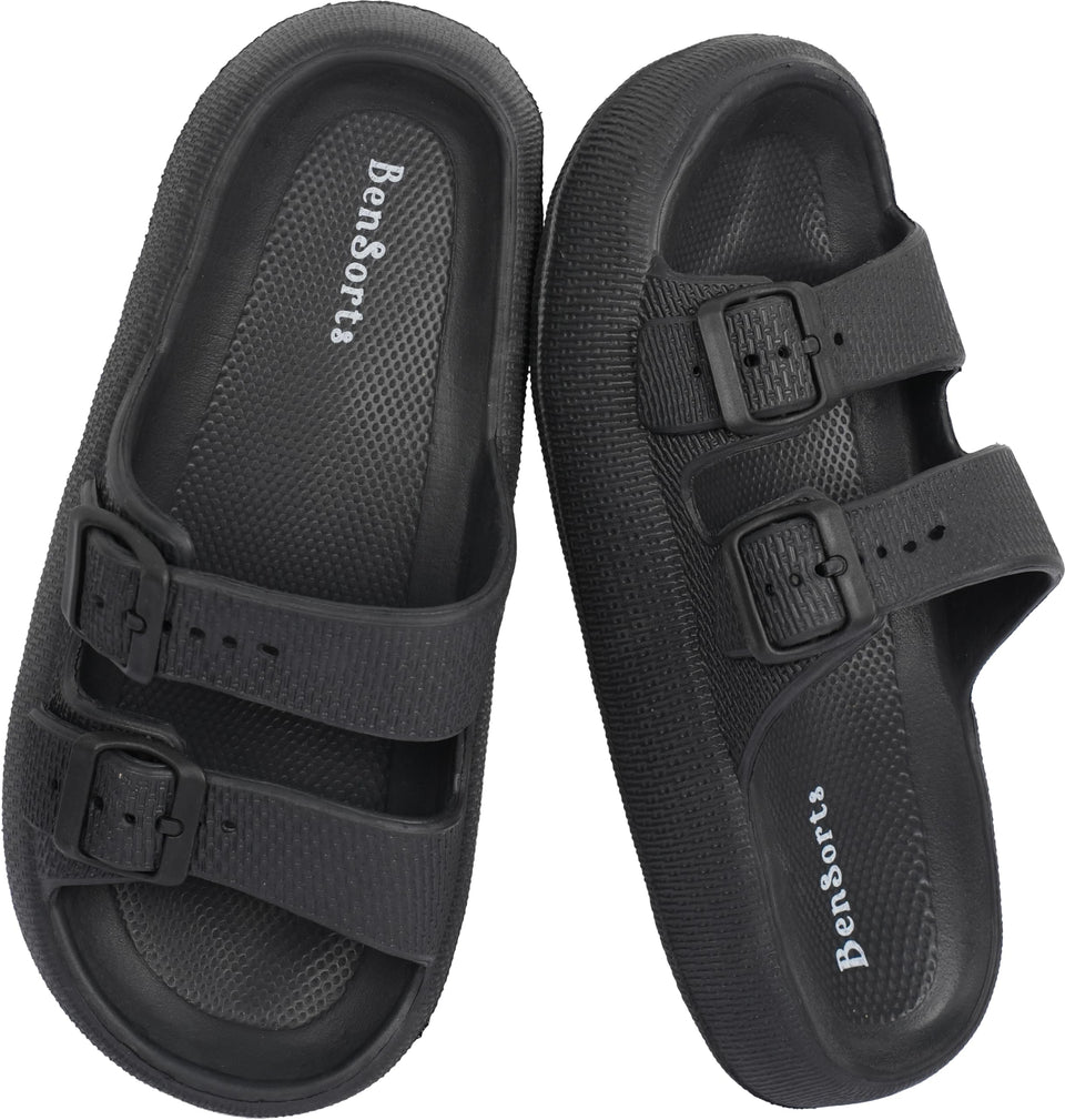 BenSorts front view black slides showing cushioned design and easy wear
