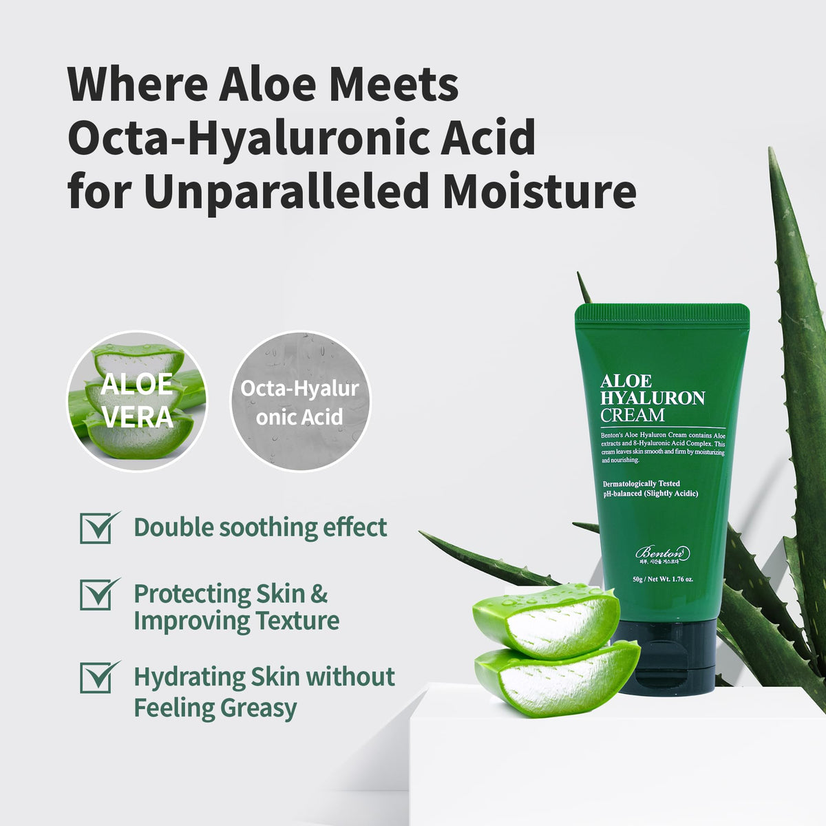 BENTON product label and ingredients list highlighting hyaluronic acids benefit