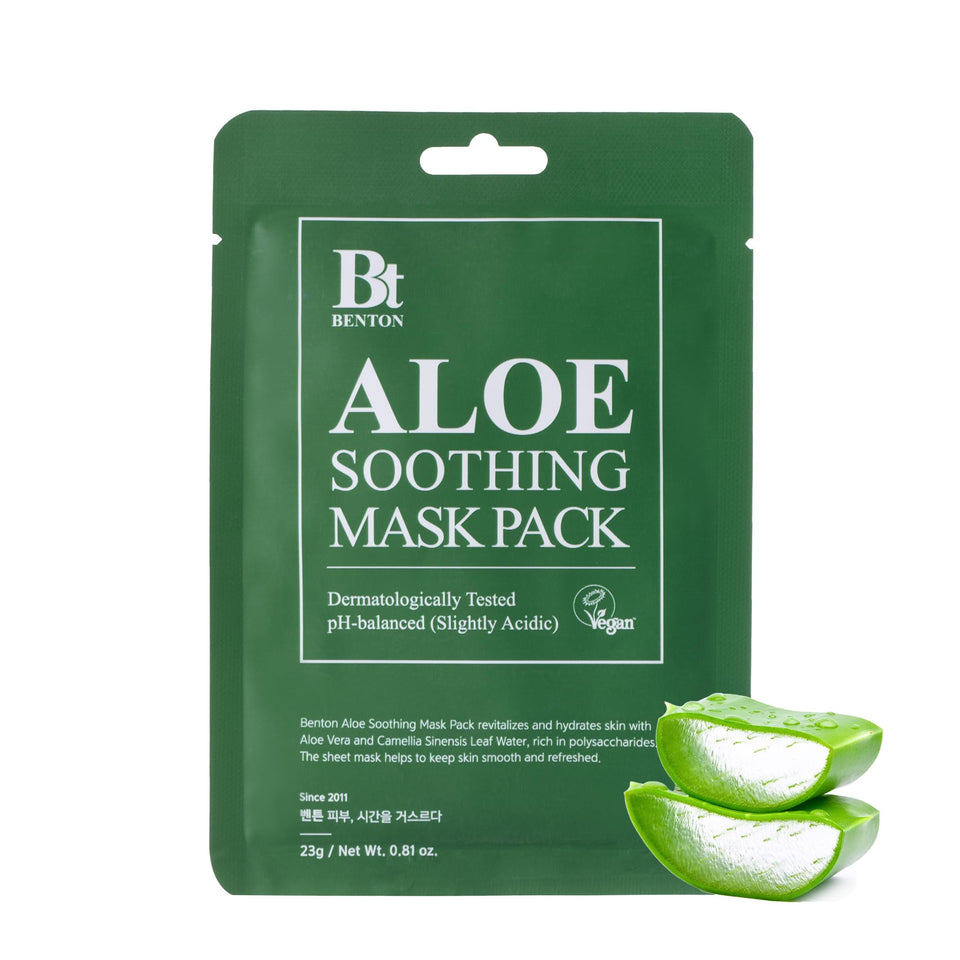 BENTON front packaging showing ten-sheet aloe mask pack and instant hydration benefit
