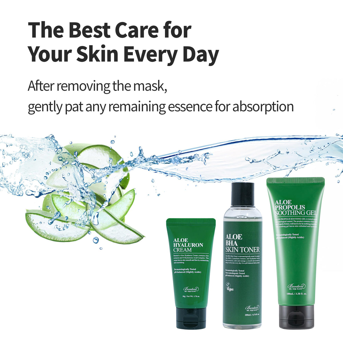 BENTON product label showing aloe and green tea leaf water for soothing effect