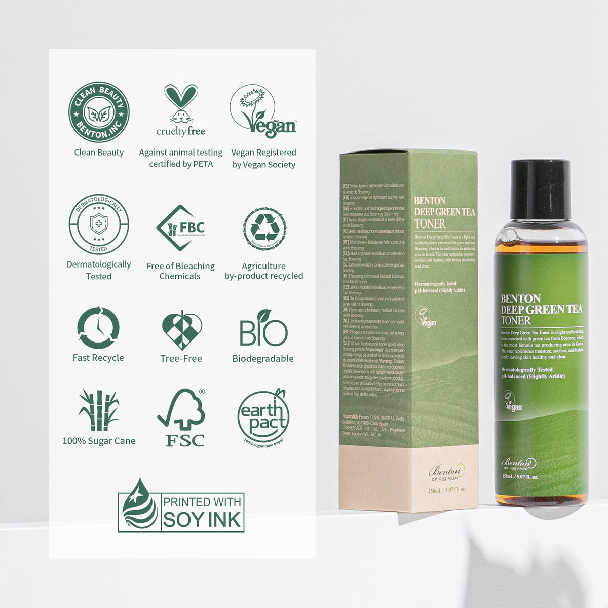 BENTON bottle next to common items showing 150ml size and travel convenience