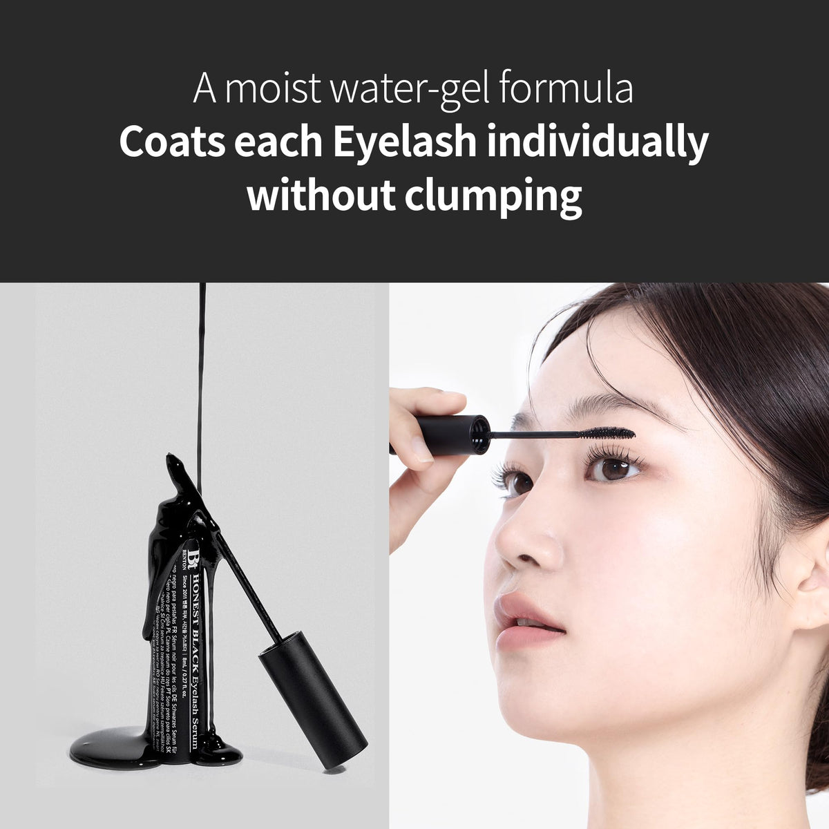 BENTON being applied along upper lash line, gentle tint and nourishing effect shown