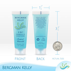 BERGMAN KELLY foil-sealed 2in1 shampoo and conditioner bottle close-up, leak-protective seal benefit