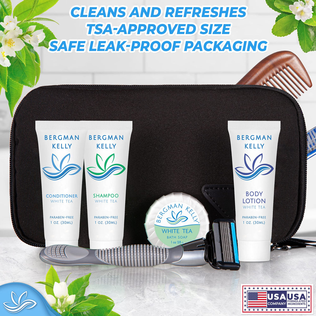 BERGMAN KELLY toiletries arranged in a hotel bathroom to enhance guest experience