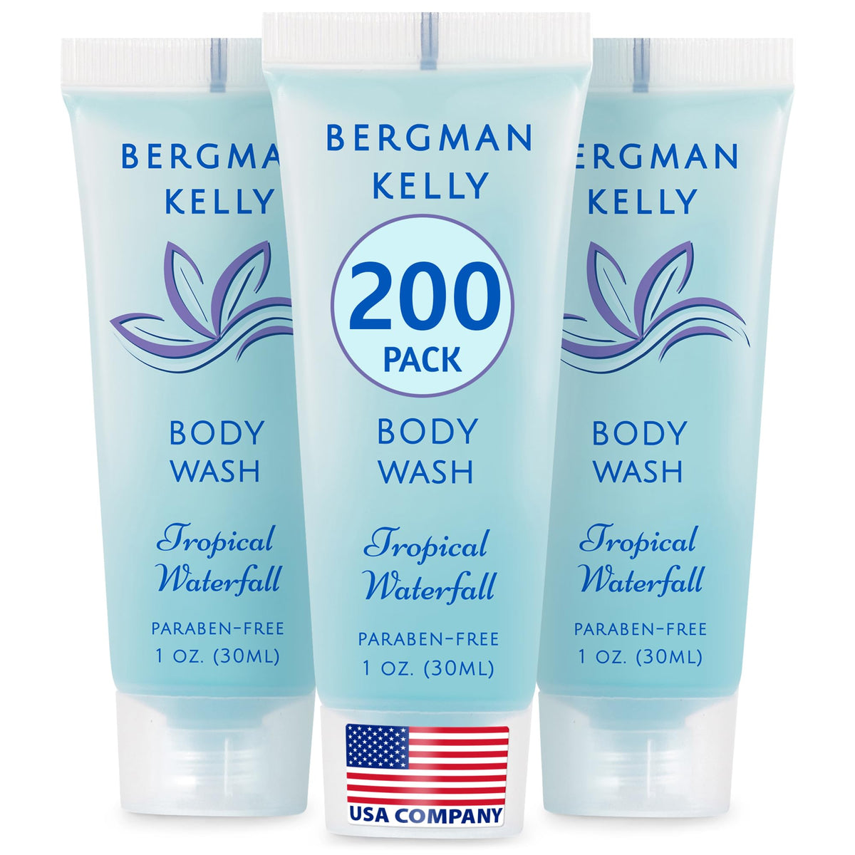 BERGMAN KELLY front label showing Tropical Waterfall scent and brand benefits