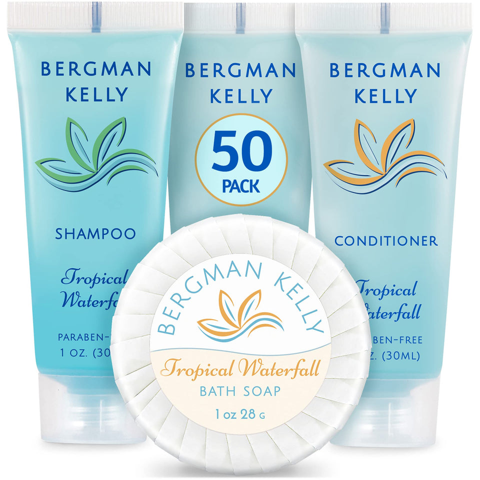BERGMAN KELLY front packaging showcasing Tropical Waterfall set and easy guest replenishment