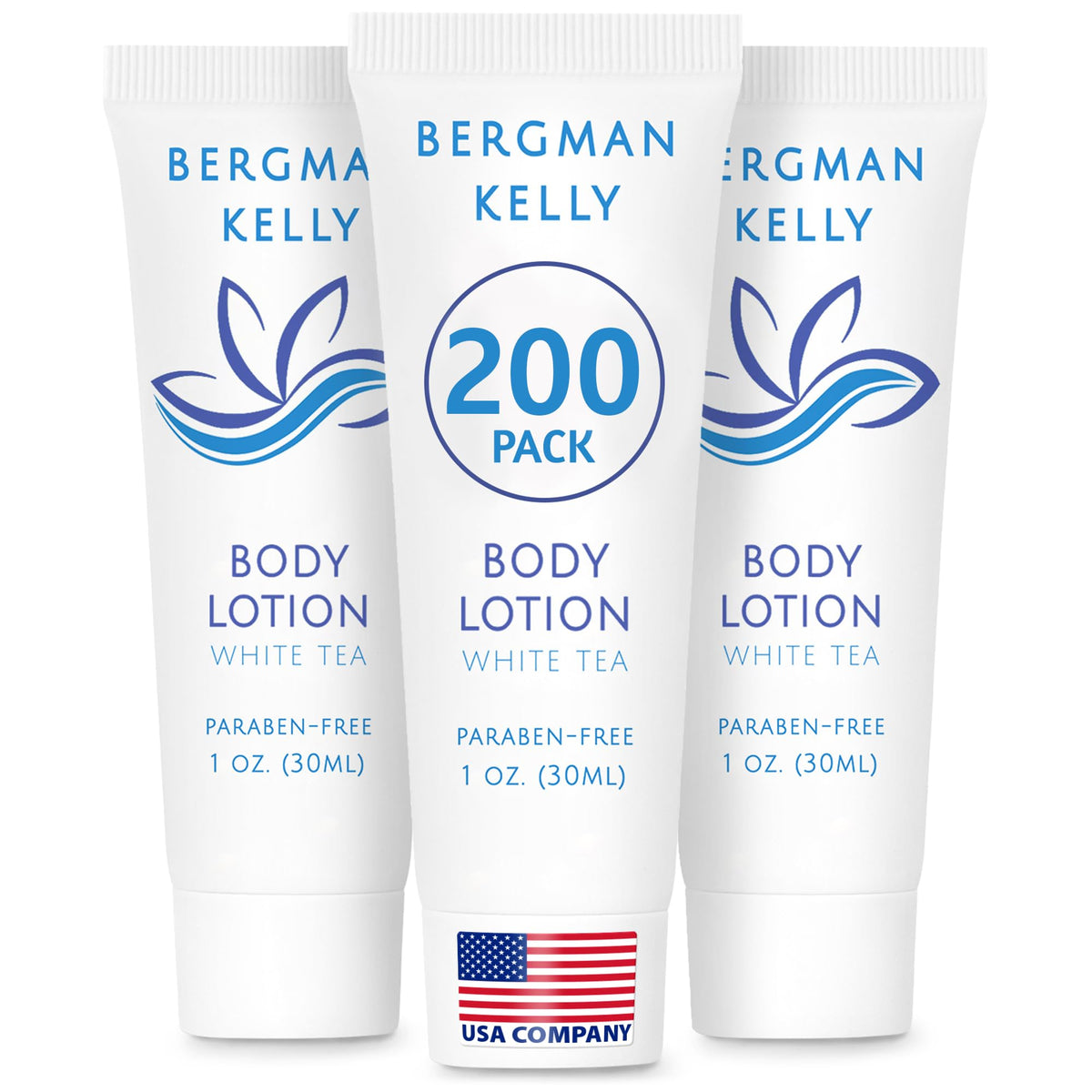 BERGMAN KELLY front packaging showing white tea lotion and bulk quantity benefit