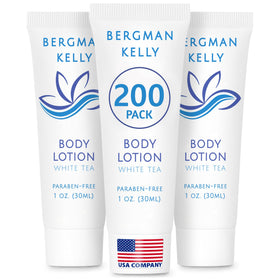 BERGMAN KELLY front packaging showing white tea lotion and bulk quantity benefit