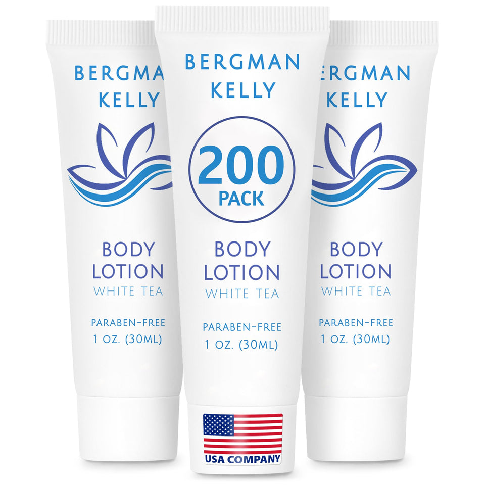 BERGMAN KELLY front packaging showing white tea lotion and bulk quantity benefit
