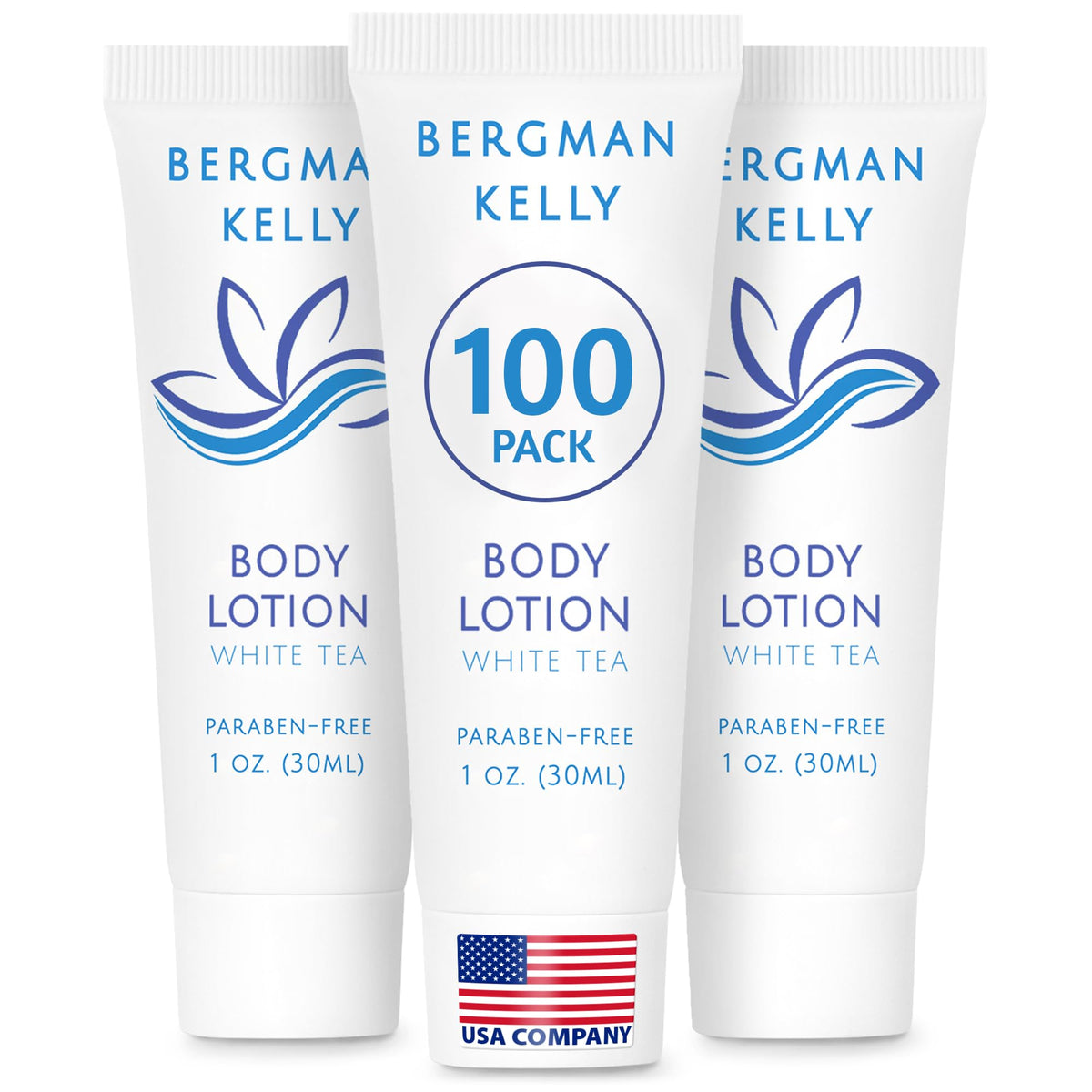 BERGMAN KELLY front packaging showing white tea lotion, easy guest access