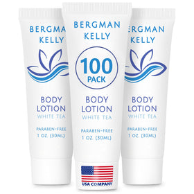 BERGMAN KELLY front packaging showing white tea lotion, easy guest access
