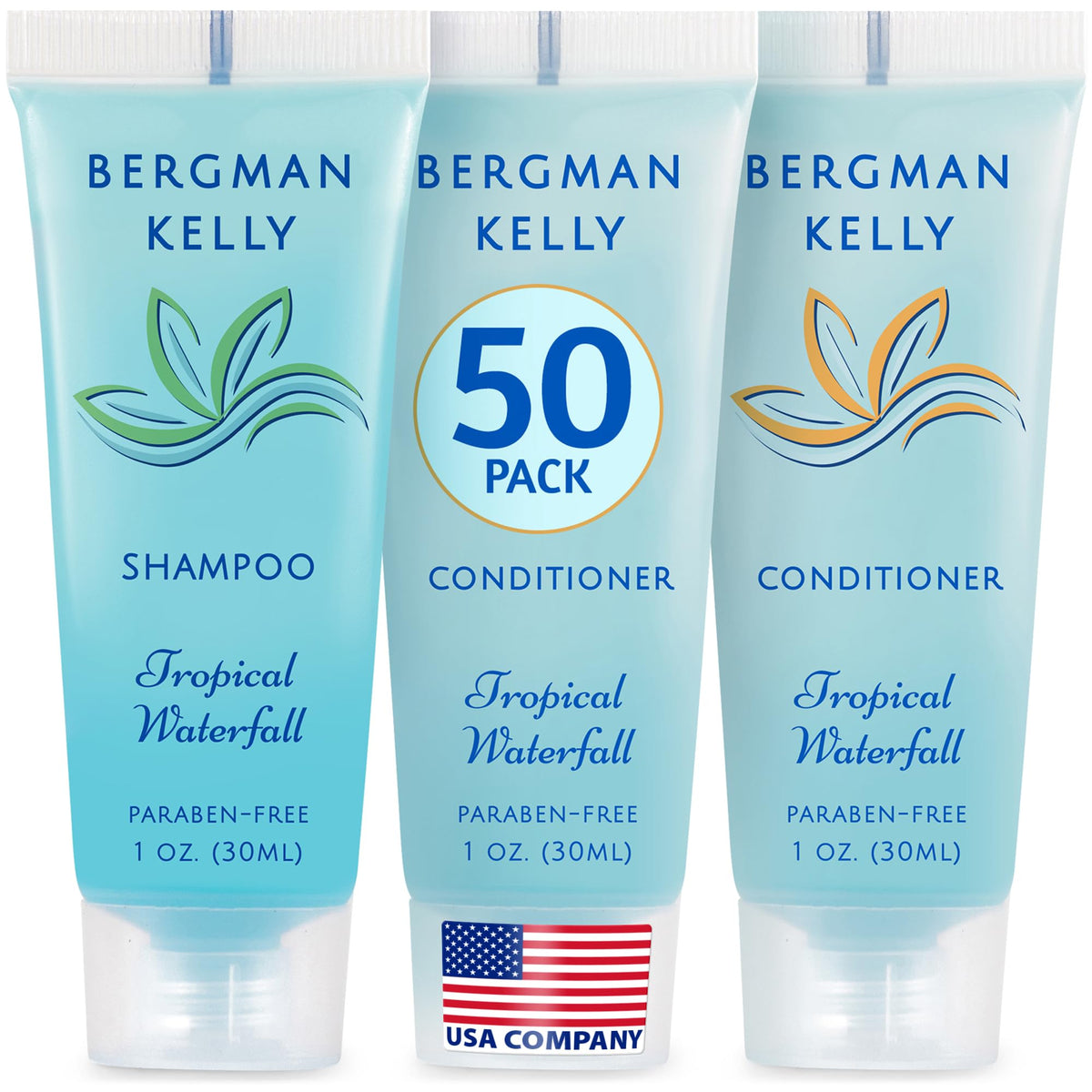 Bergman Kelly front packaging showing 1 fl oz bottles and Tropical Waterfall scent benefits