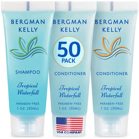Bergman Kelly front packaging showing 1 fl oz bottles and Tropical Waterfall scent benefits
